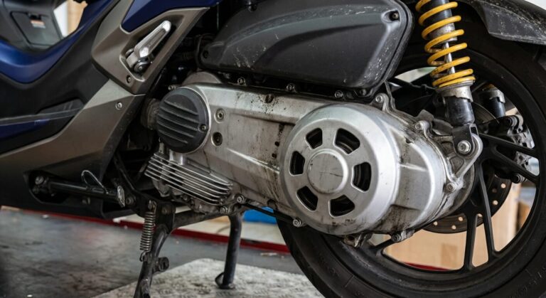 Accueil 11 Vue détaillée du carter de transmission et de la suspension arrière d'un Kymco Xciting 400 S