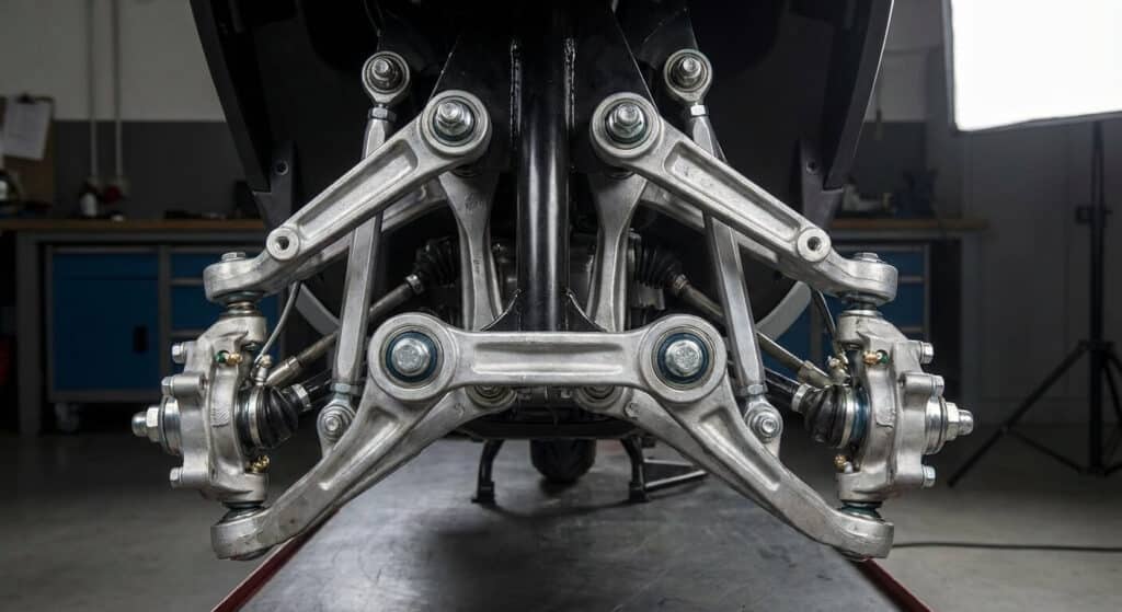 Fiabilité du Piaggio MP3 400 (LT et HPE) : Les coûts cachés du trois-roues 2 Système de suspension avant à parallélogramme d'un Piaggio MP3 400 HPE, montrant les biellettes et roulements