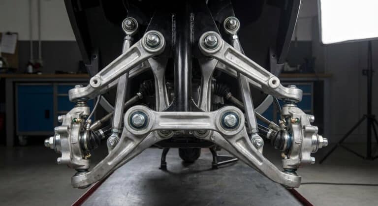 Accueil 7 Système de suspension avant à parallélogramme d'un Piaggio MP3 400 HPE, montrant les biellettes et roulements