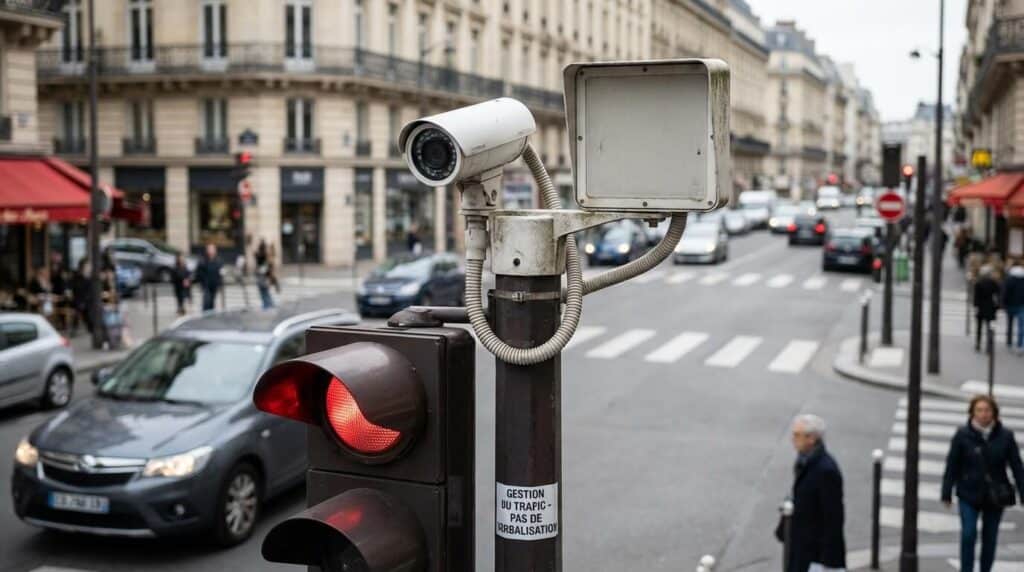 Petite caméra blanche cylindrique et capteur carré fixés au sommet d'un feu tricolore, utilisés pour la gestion du trafic et non la verbalisation