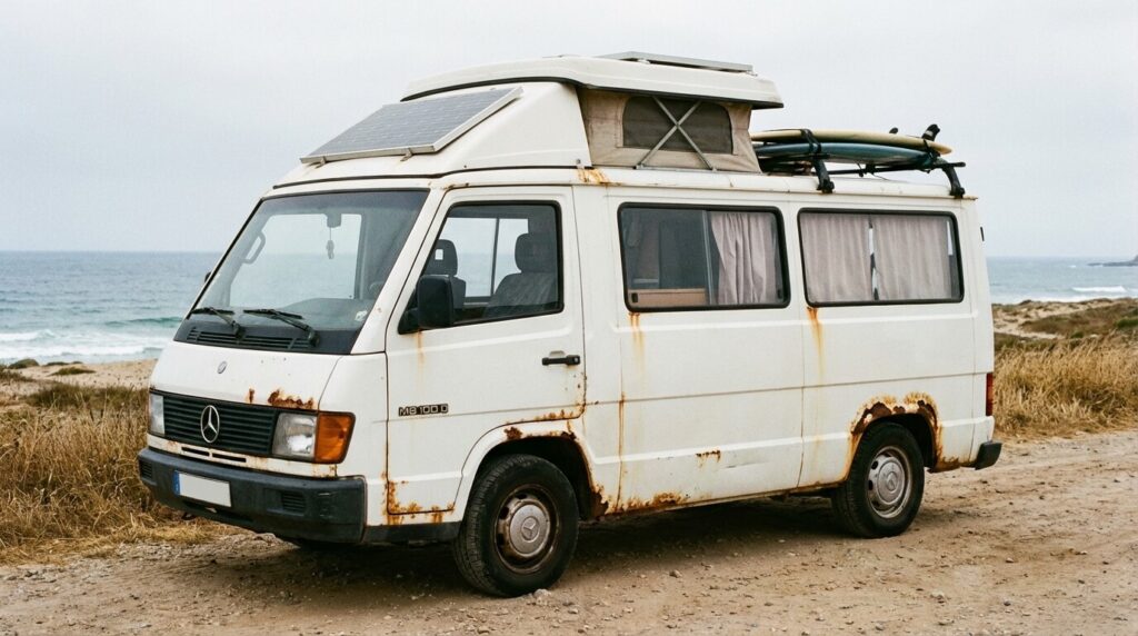 Fourgon Mercedes MB 100 blanc aménagé van, montrant des points de rouille typiques sur les passages de roues