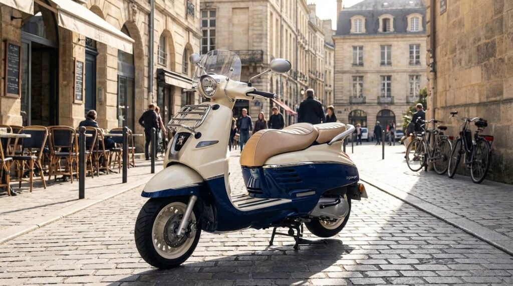Scooter Peugeot Django 125 version Evasion bicolore stationné en ville