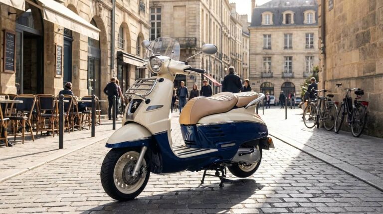 Accueil 3 Scooter Peugeot Django 125 version Evasion bicolore stationné en ville