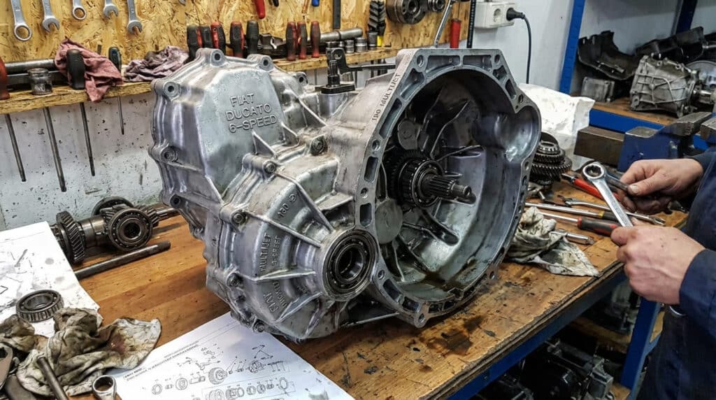 Boîte de vitesse manuelle 6 rapports de Fiat Ducato 130 Multijet déposée sur un établi pour réparation