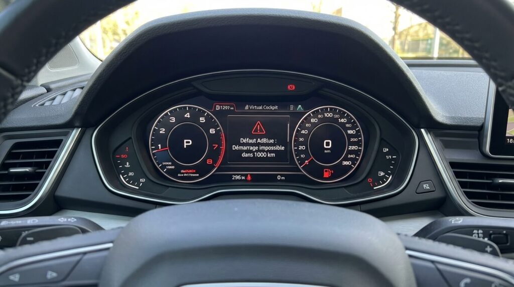 Tableau de bord Audi Q5 (Virtual Cockpit) affichant le message rouge "Défaut AdBlue : Démarrage impossible dans 1000 km"