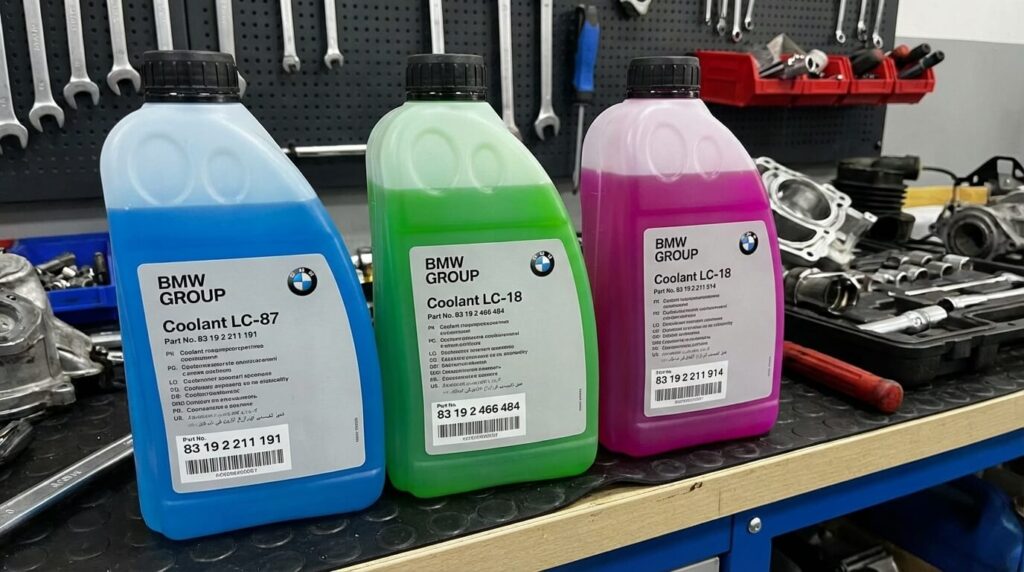 Bidons de liquide de refroidissement d'origine BMW montrant les différentes couleurs (Bleu, Vert, Magenta) et les normes LC-87, LC-18