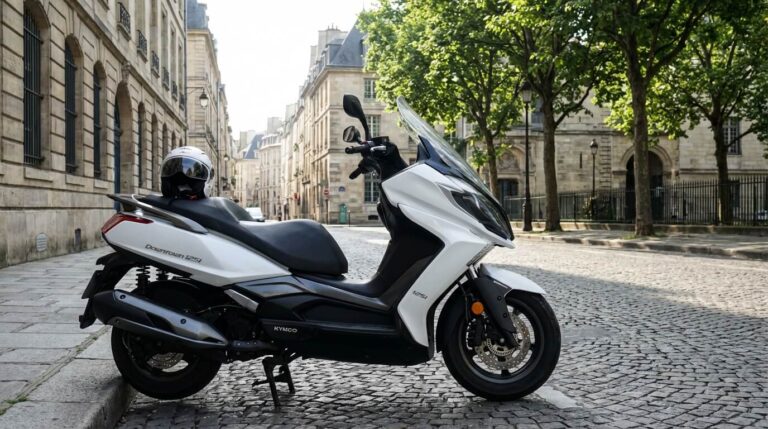 Scooter Kymco Dink Street 125 blanc (Downtown) stationné, connu pour ses performances mais aussi ses soucis d'injection