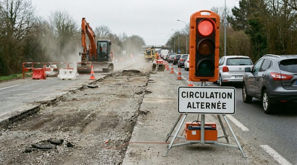 Feu tricolore de chantier temporaire sur une route en travaux, affichant le rouge pour la circulation alternée