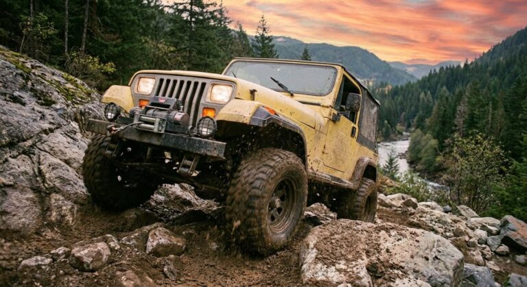 Jeep Wrangler YJ emblématique avec ses phares carrés en situation de franchissement tout-terrain