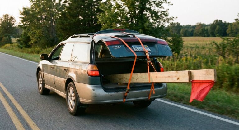 Voiture circulant avec le hayon arrière entrouvert et sanglé pour transporter une planche de bois dépassant du coffre