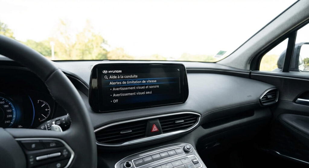 Écran central d'infodivertissement d'un SUV Hyundai affichant le menu "Aide à la conduite" permettant de gérer les alertes de limitation de vitesse