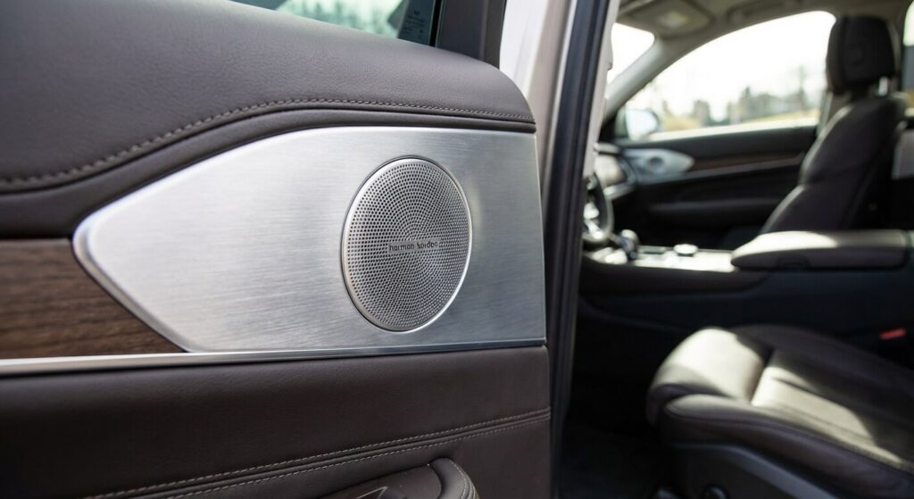Grille de haut-parleur en aluminium brossé arborant le logo Harman Kardon dans la portière d'une voiture premium