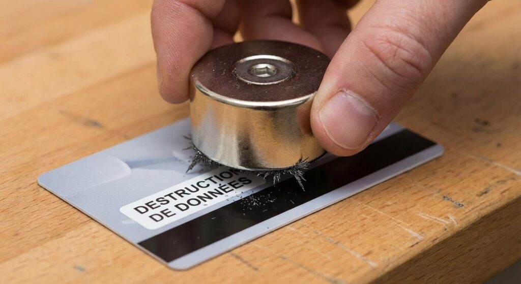 Utilisation d'un puissant aimant en néodyme passé sur la bande noire d'une carte bancaire pour détruire les données magnétiques de manière sécurisée