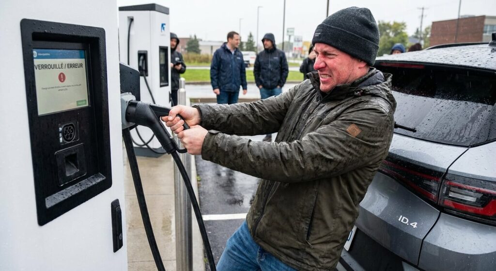 Conducteur de véhicule électrique essayant désespérément de retirer la prise de type 2 de la borne de recharge publique restée verrouillée