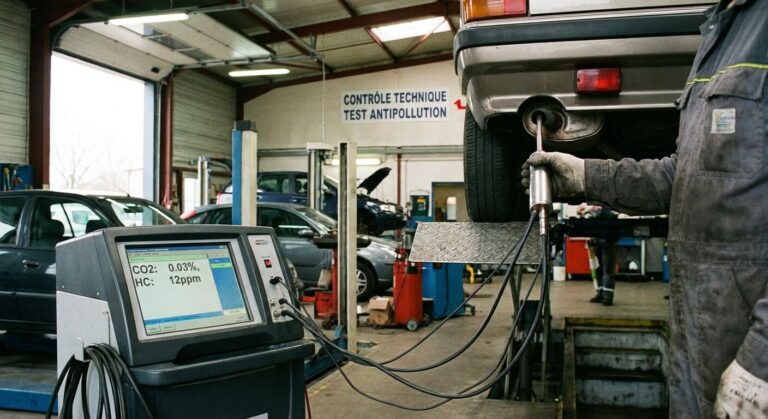 Sonde d'un analyseur de gaz d'échappement insérée dans la sortie de pot d'un véhicule lors du test antipollution au contrôle technique