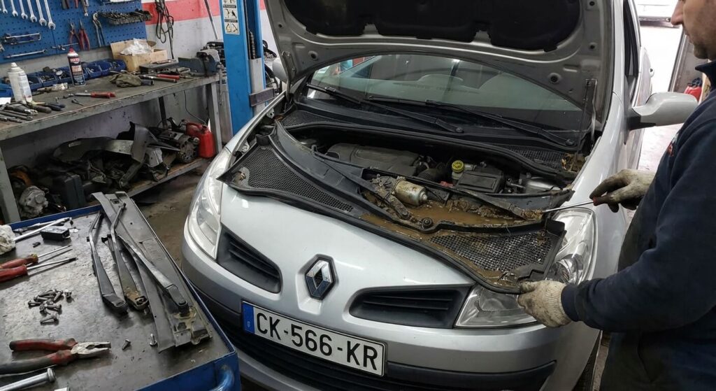 Démontage des bras et des grilles en plastique de la baie de pare-brise d'une Renault Clio 3 pour accéder au moteur d'essuie-glace inondé