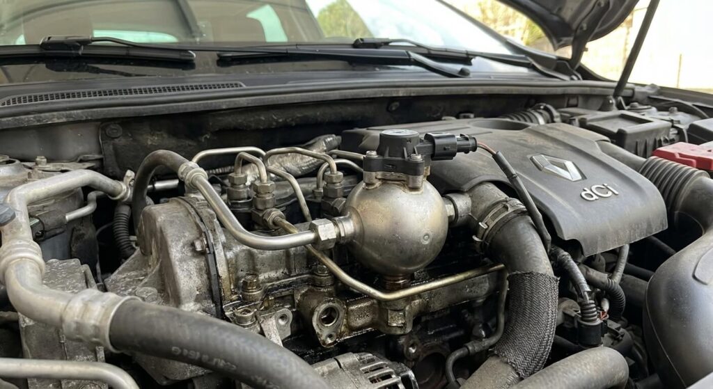 Vue sur la rampe commune d'injection (sphère haute pression) et son capteur de pression associé sur un moteur diesel 1.5 dCi Renault