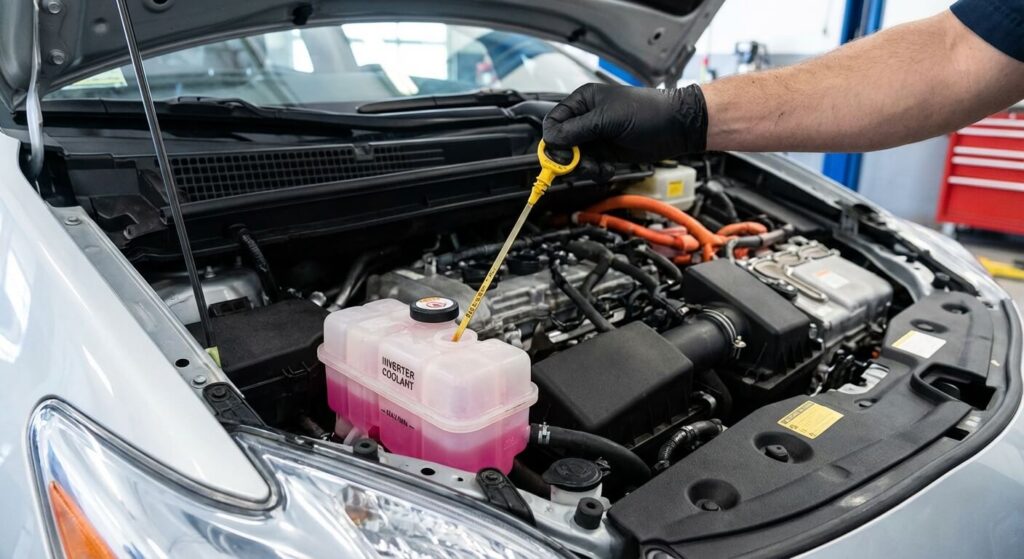 Contrôle du niveau sur le bocal spécifique du liquide de refroidissement de l'inverseur (inverter) sous le capot d'une voiture hybride