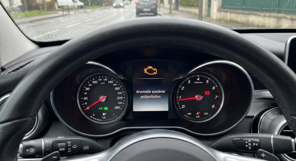 Voyant moteur orange allumé sur le combiné d'instruments d'une Mercedes-Benz signalant une anomalie du système antipollution