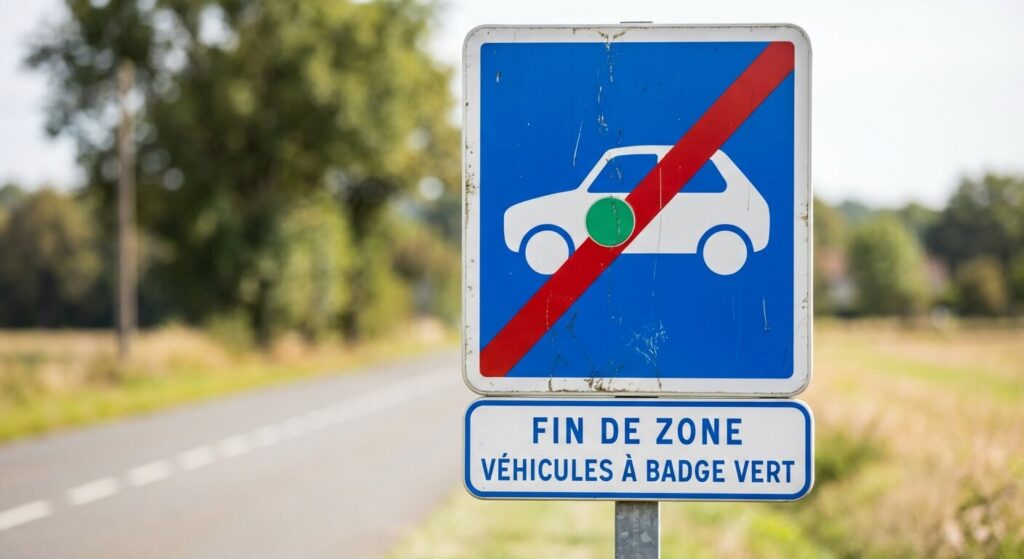 Panneau de signalisation carré sur fond bleu affichant une voiture avec un badge vert, barrée d'un trait rouge, indiquant la fin d'une zone spécifique