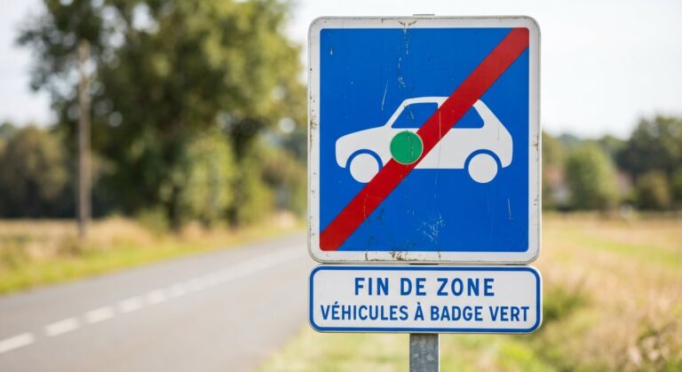 Panneau de signalisation carré sur fond bleu affichant une voiture avec un badge vert, barrée d'un trait rouge, indiquant la fin d'une zone spécifique