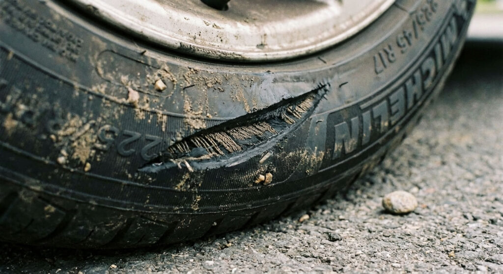 Vue rapprochée d'une entaille nette et profonde sur le flanc en caoutchouc d'un pneu de voiture, typique d'un acte de vandalisme au couteau