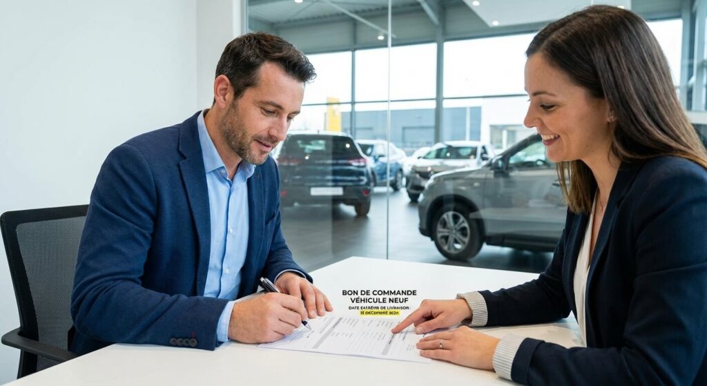 Client signant le bon de commande d'un véhicule neuf en concession, document officiel fixant la date extrême de livraison