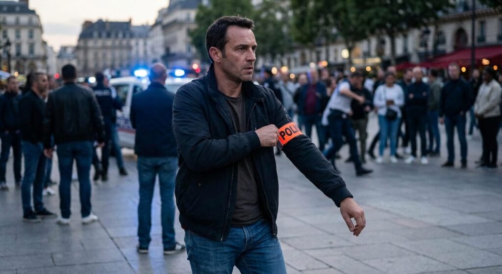 Policier en civil équipant son brassard orange "Police" pour s'identifier formellement lors d'une intervention hors de ses heures de service