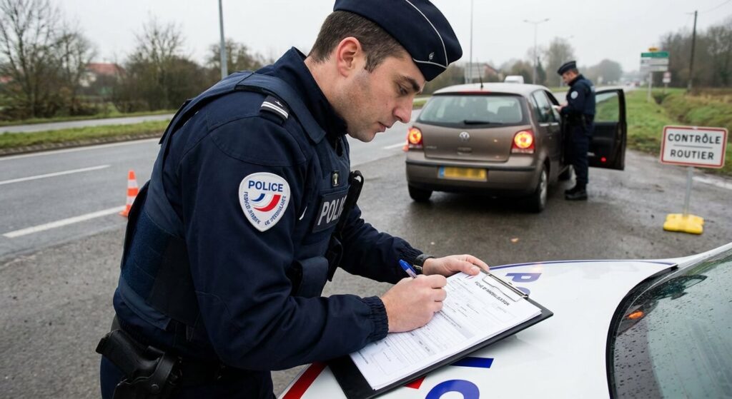Policier rédigeant une fiche d'immobilisation de véhicule suite à une infraction constatée lors d'un contrôle routier