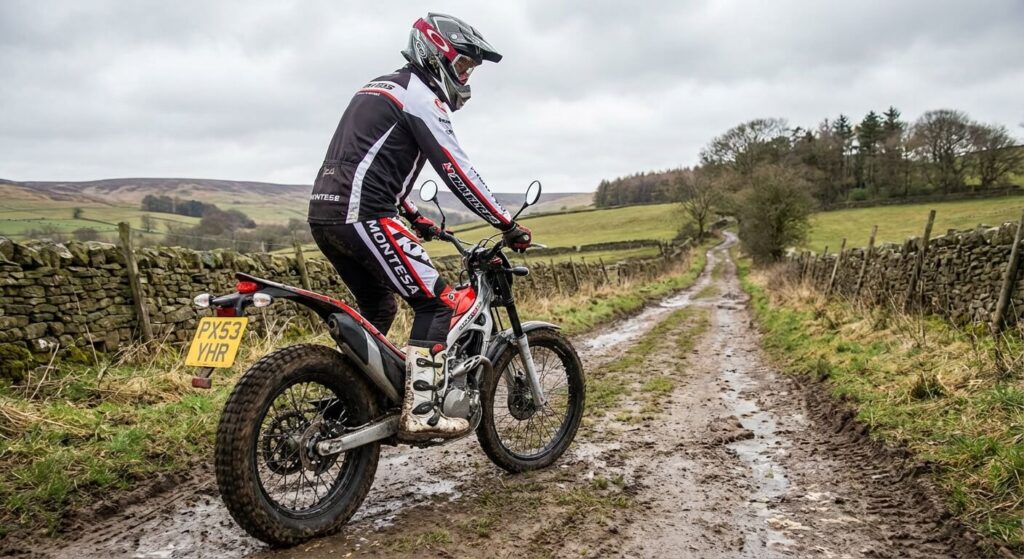 Pilote au guidon d'une moto de trial homologuée avec plaque d'immatriculation naviguant sur un chemin de liaison de campagne