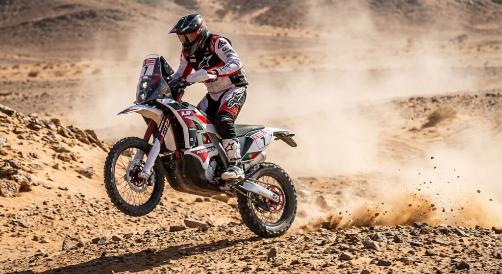 La moto portugaise AJP PR7 en pleine action sur une piste de rallye-raid, démontrant ses capacités de franchissement