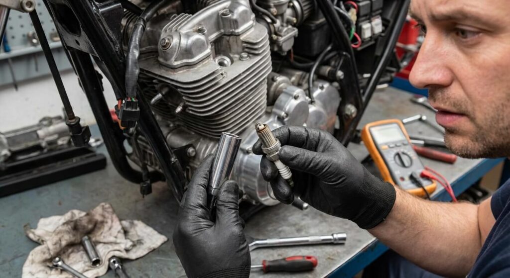 Démontage et contrôle d'une bougie d'allumage de moto qui reste totalement sèche après plusieurs tentatives de démarrage infructueuses