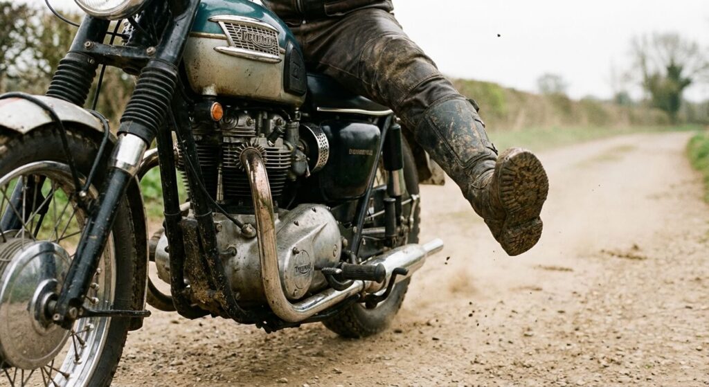 Motard équipé de bottes robustes prenant appui sur la pédale de kick-starter pour lancer le moteur d'une moto ancienne