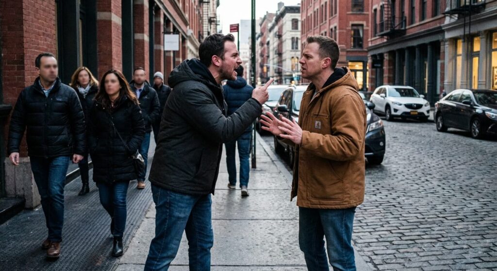 Dispute verbale tendue entre deux individus en tenue civile dans la rue, illustrant un conflit privé qui peut dégénérer sur le plan pénal