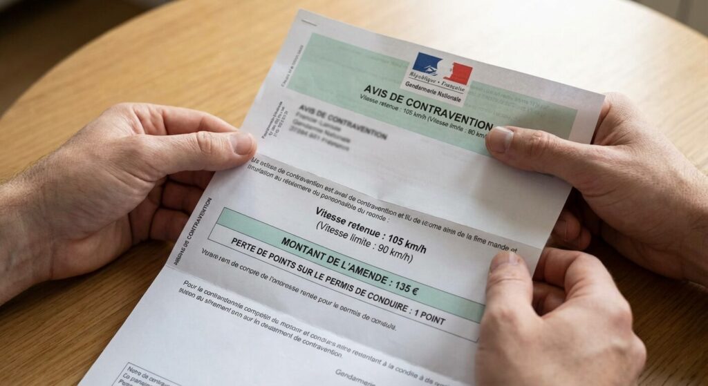 Lecture d'un avis de contravention officiel détaillant la vitesse retenue, le montant de l'amende et la perte de points sur le permis de conduire