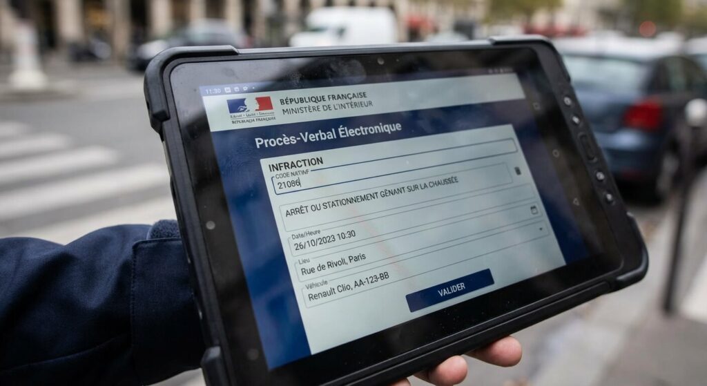 Procès-verbal électronique mentionnant le code NATINF pour une infraction liée à un arrêt ou stationnement sur la chaussée