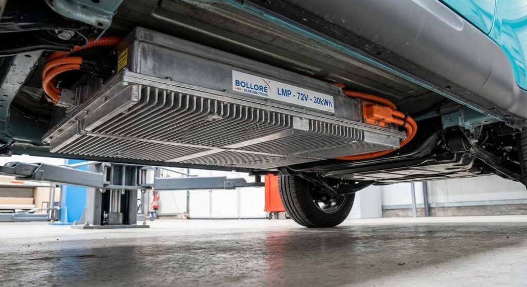 Problème de batterie sur Citroën E-Mehari : La technologie LMP en cause 3 Pack de batterie de technologie Lithium Métal Polymère (LMP) du groupe Bolloré, situé sous le plancher de l'E-Mehari