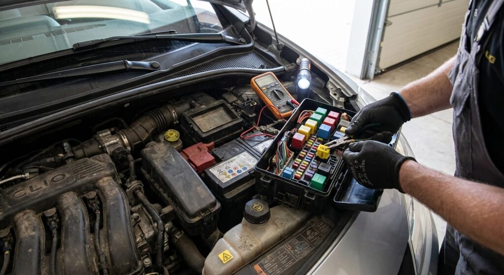Inspection du boîtier UPC (Unité de Protection et de Commutation) et de ses fusibles cachés dans le compartiment moteur d'une Clio 3