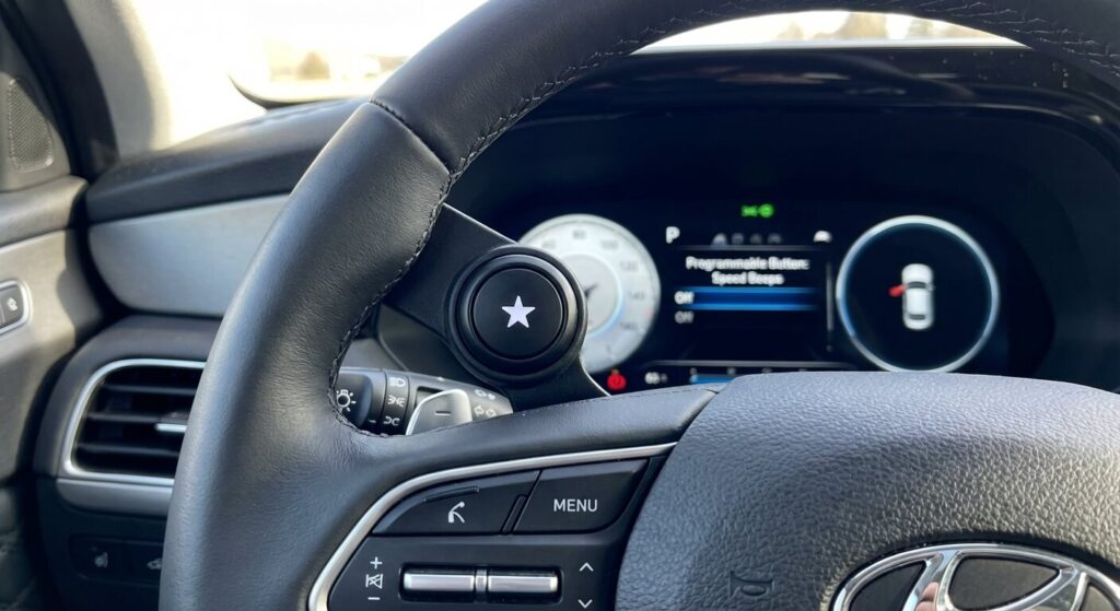 Le bouton avec le symbole "étoile" situé sur le volant d'une Hyundai moderne, programmable pour accéder rapidement à la désactivation des bips de vitesse