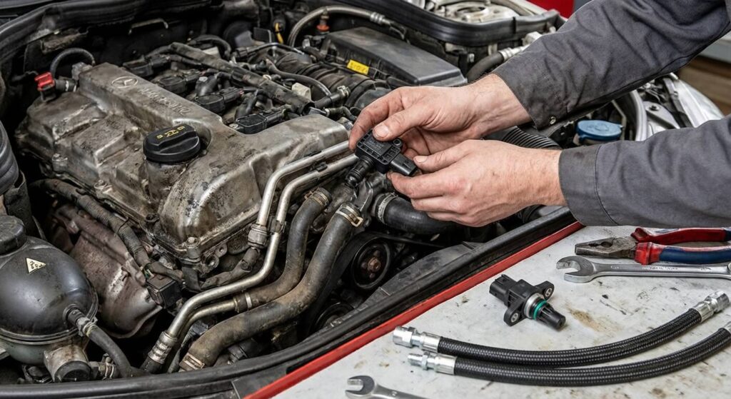 Remplacement du capteur de pression différentielle des gaz d'échappement et de ses durites sur un bloc moteur Mercedes OM651