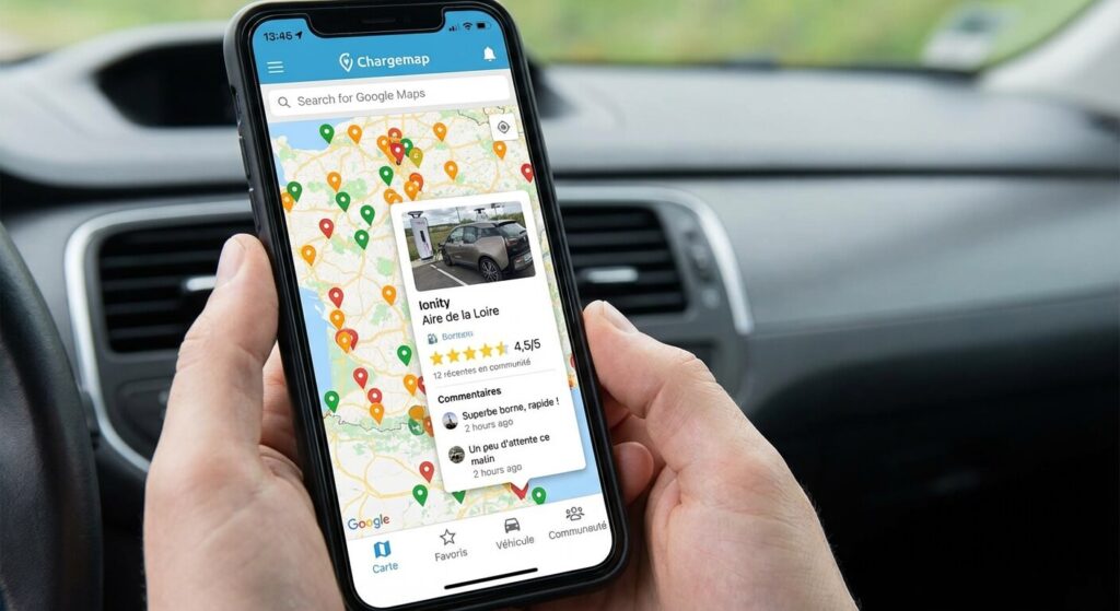 Interface de l'application Chargemap montrant la carte interactive des bornes de recharge, les photos et les commentaires de la communauté