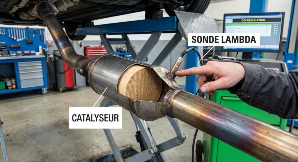 Ligne d'échappement montrant le catalyseur et la sonde lambda, éléments clés de la dépollution et de la régulation du taux de monoxyde de carbone
