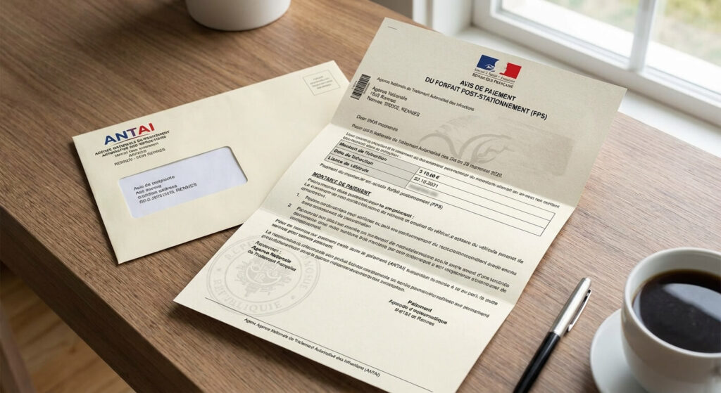 Le courrier officiel envoyé par l'ANTAI à domicile, constituant le véritable avis de paiement du FPS à régler