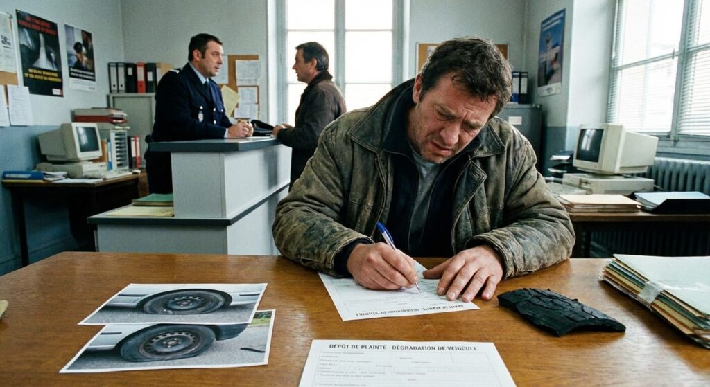 Automobiliste remplissant un formulaire de dépôt de plainte au commissariat suite à la dégradation volontaire de ses pneus