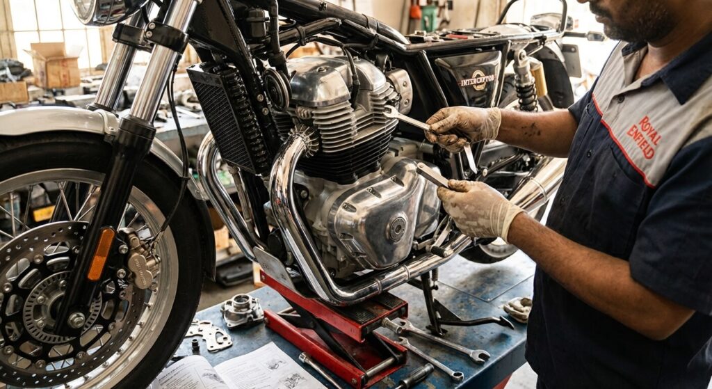 Mécanicien effectuant le réglage du jeu aux soupapes sur le moteur bicylindre d'une Royal Enfield Interceptor 650