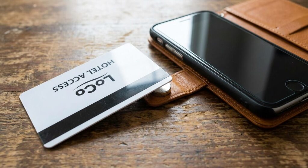 Une carte d'hôtel posée trop près du fermoir magnétique d'un étui de smartphone, cause principale de la démagnétisation accidentelle des cartes LoCo