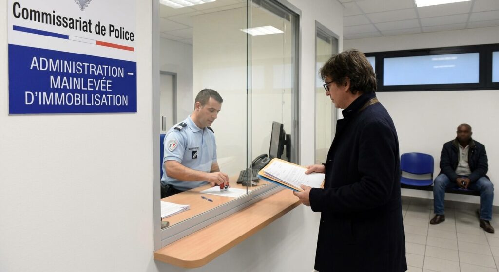 Démarche administrative au guichet d'un commissariat pour obtenir la mainlevée d'une immobilisation après réparation du véhicule