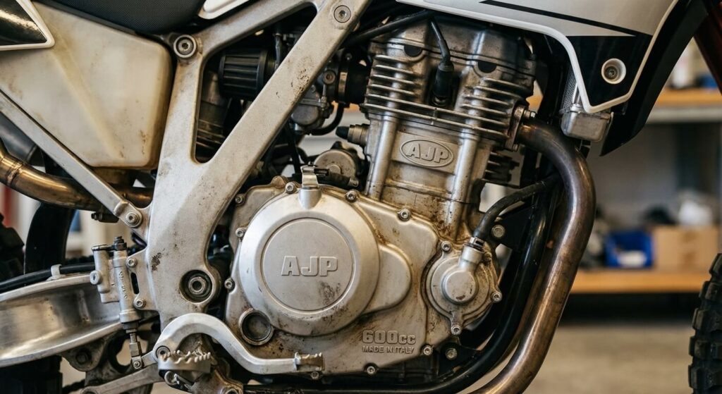 Gros plan sur le carter du moteur monocylindre de 600 cm³ d'origine italienne équipant le trail AJP PR7