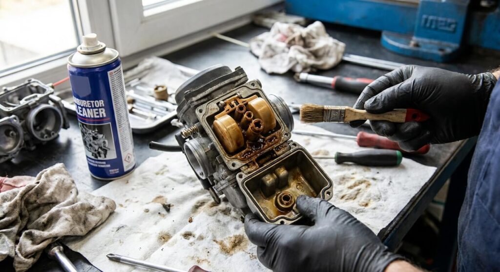 Démontage de la cuve d'un carburateur de moto pour vérifier le flotteur et nettoyer les gicleurs bouchés par du vieux carburant