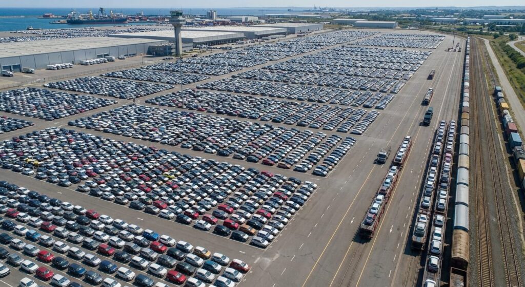 Parc de stockage d'un constructeur automobile avec des véhicules neufs en attente d'expédition vers les concessions